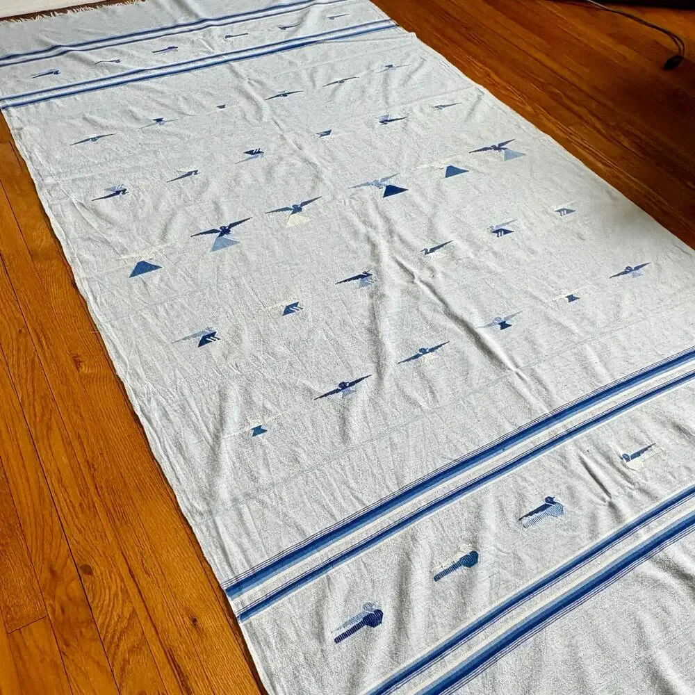 Vintage Guatemalan Cotton Tablecloth Blue Bird Embroidery